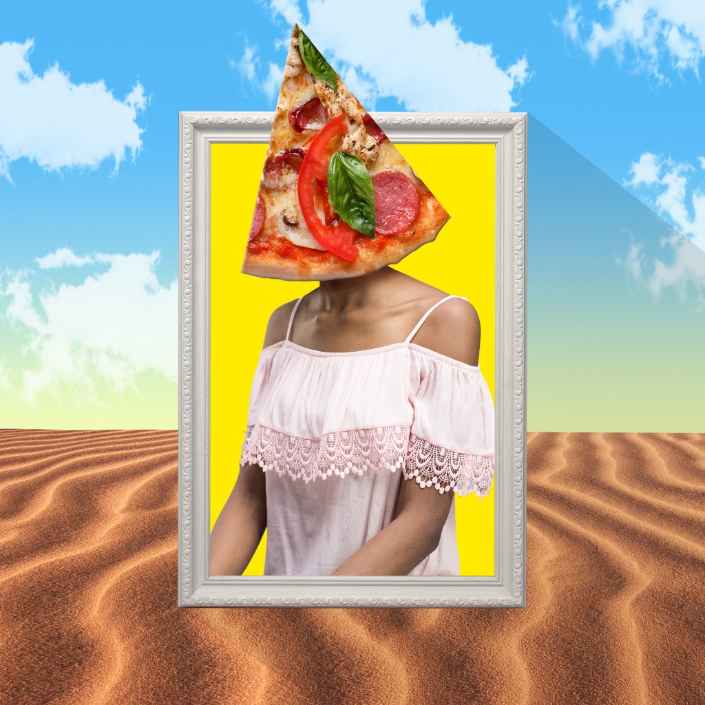 Surreal collage — pizza slice portrait in ornate frame