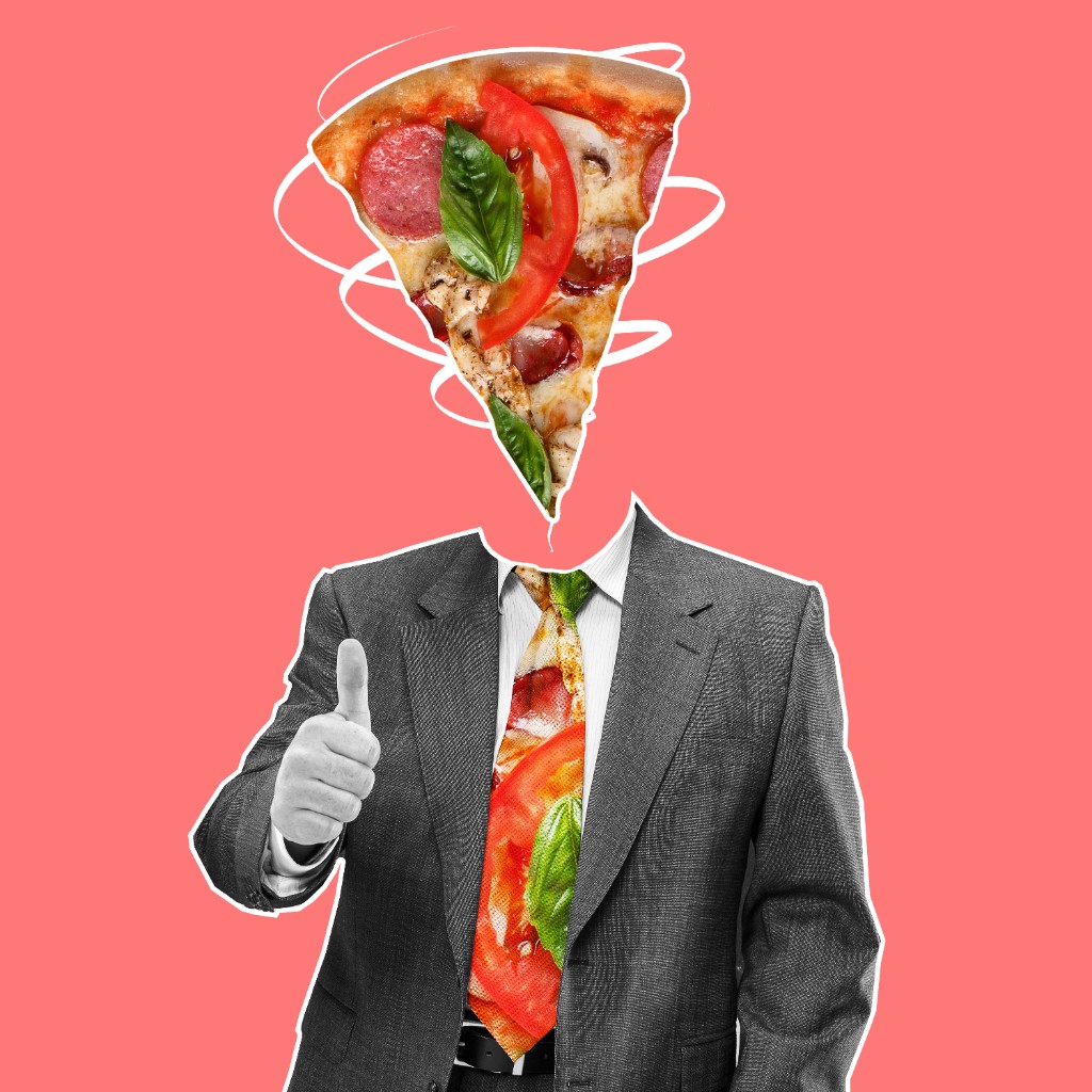 Surreal collage — pizza slice head with thumbs up